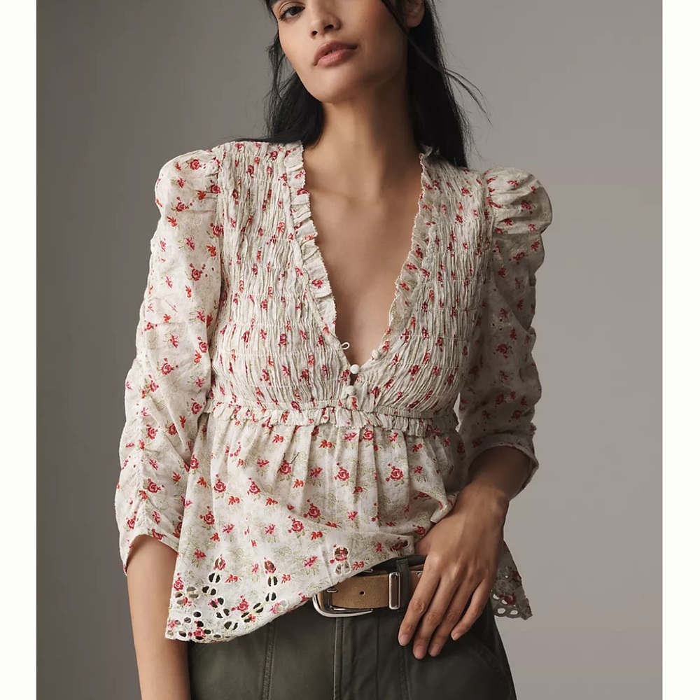 - NWT By Anthropologie Ruched-Sleeve Smocked Blouse- XS- $130